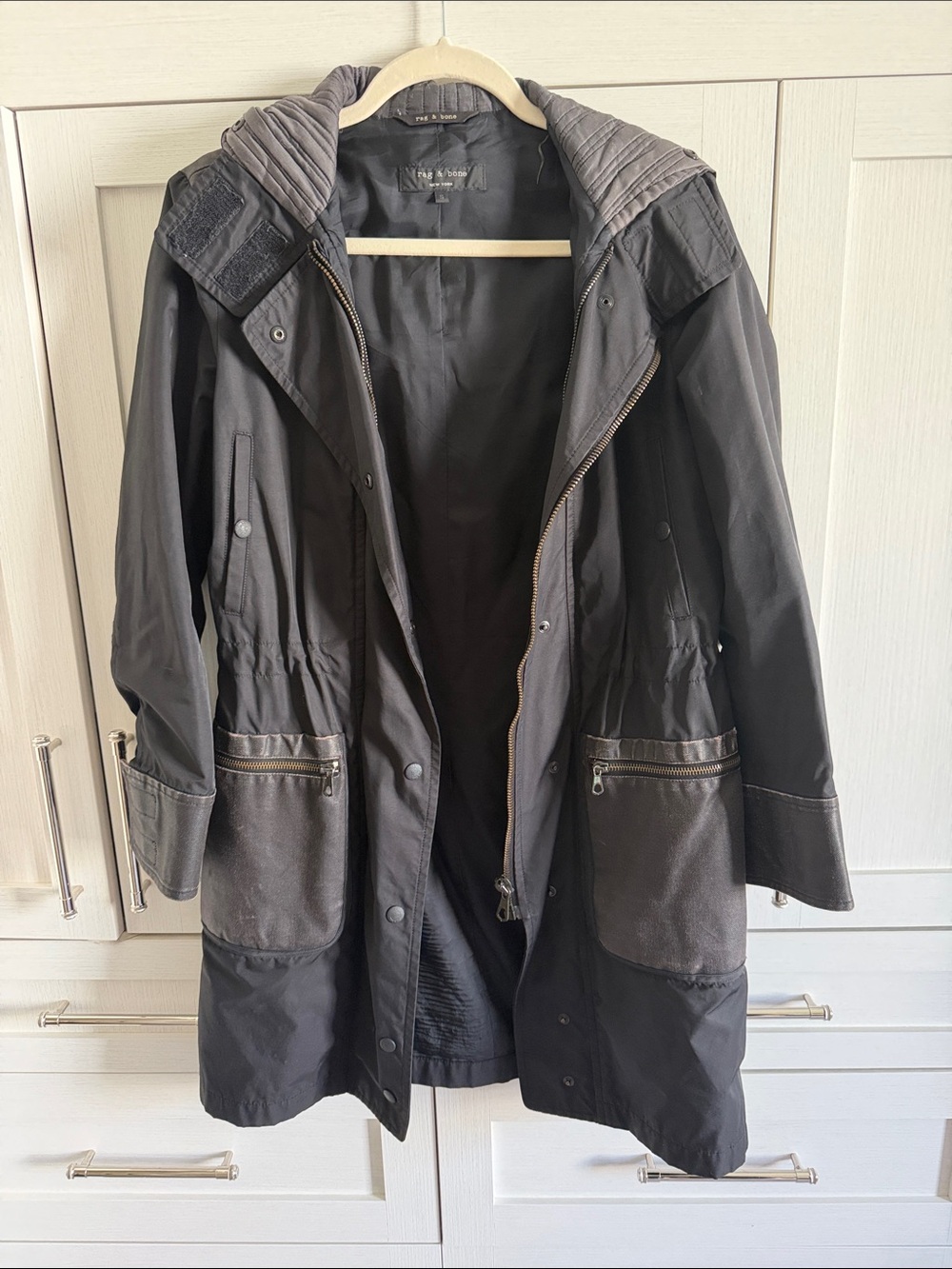 rag & bone Black Hooded Trench Coat with Quilted Hood